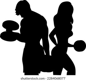 A guy and a girl of an athletic build are training with dumbbells in the gym. Silhouette.