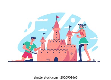 Guy and girl building sand castle vector illustration. Big sandcastle on beach, fun on vacation flat style. Summer entertainment concept