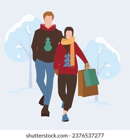 A guy and a girl buy Christmas gifts. A couple in love. New Year's shopping. Vector graphics. Real Holiday.