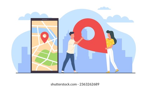 Guy and girl carrying large sign on map, changing office location, moving. Huge smartphone and tiny people. Location pin icon. Device screen. Cartoon flat style isolated vector concept