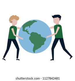 The guy and the girl are carrying the planet Earth vector illustration on white background