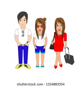 guy and girl in casual wear and cabin crew uniform