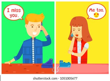 Guy and girl character calling on the phone with message box, Home, They talked on the phone, Have a long conversation on the phone, I miss you, Me too, Girlfriend, Boyfriend, Love emoji icon, Style