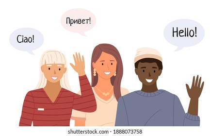 Guy and girl characters smiling people standing together talking Hello in chat bubble different languages. Friendly people shows joy when meeting and saying hi. Multinational group of students