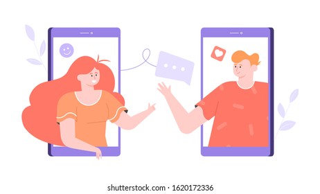 The guy and the girl chat in the messenger online. Communication through a mobile application, dating service, exchange of comments. Vector flat illustration with bright trendy characters.