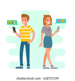 Guy and girl chatting by smartphones. Flat style vector illustration.