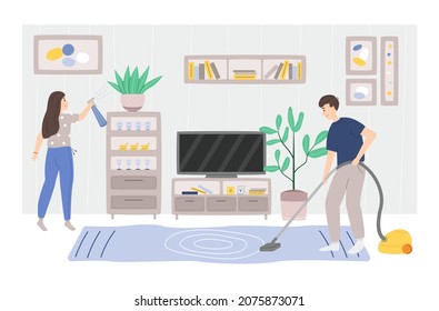 Guy and girl cleaning living room in modern style. Vector illustration in flat style.