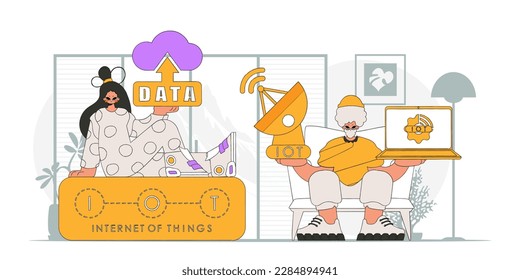 Guy and girl collaborate in the Internet of Things modern vector characters style.