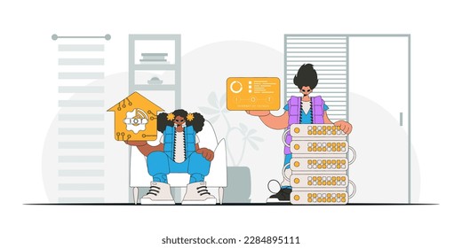 Guy and girl collaborate in the IoT field, vectorized modernized illustration.