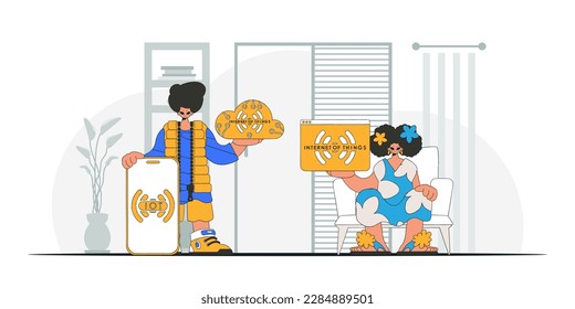 Guy and girl collaborate in IoT sector, modern character vector graphics style.