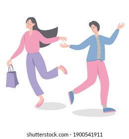A guy and a girl come back from shopping. Adorable couple walk together holding hands, romantic date. Woman and man happy, adorable couple characters. Vector illustration. 