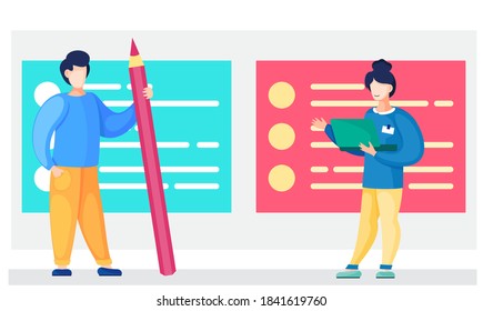 Un hombre y una chica se comunican durante un descanso con texto de color en el fondo. El hombre se para con un lápiz y discute con una mujer. Niña trabajando en laptop. Día de trabajo del personal de oficina en el estudio