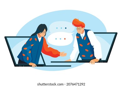 
El tipo y la chica se comunican en la red. Chat. Amor en la distancia. Ilustración vectorial.