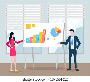 The guy and the girl communicate and work in the office together. Employees analyze data and study metrics. Income growth graph on background. Staff points to a chart with statistics on the poster