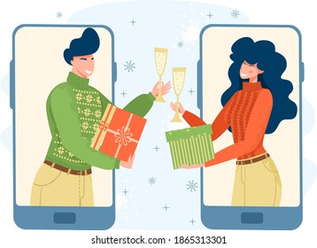 The guy and the girl congratulate their friend friend on Christmas online. Online New Years celebration, party. Virtual sending of gifts.