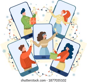 The guy and the girl congratulate their friend friend on Christmas online. Online New Years celebration, party. Virtual sending of gifts.