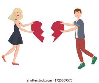 Guy and girl connecting heart. Male and female characters in cartoon style.