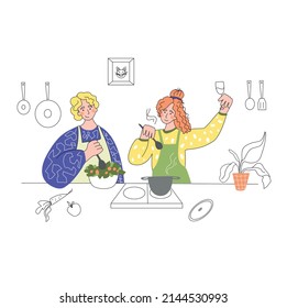 The guy and the girl are cooking together in the kitchen. Cooking for the whole family. Cooks in the kitchen at home preparing soup. Vector illustration in flat minimalistic style. Isolated on white 