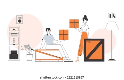 Guy and girl courier. The concept of the delivery of goods and parcels. Linear trendy style.