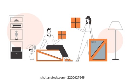 Guy and girl courier. Parcel Provider. Linear style.