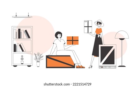 Guy and girl courier. Parcel Provider. Linear trendy style.