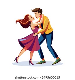 Un chico y una chica bailan maravillados el uno del otro. Ilustración vectorial simple de personas de estilo de dibujos animados sobre un fondo blanco.