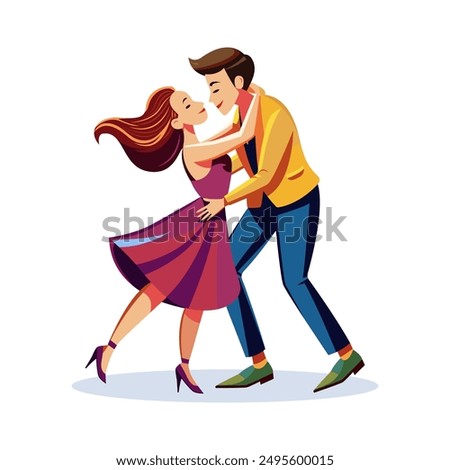 A guy and a girl are dancing in awe of each other. Simple vector illustration of cartoon-style people on a white background.