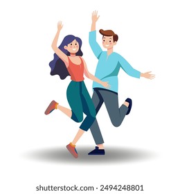 A guy and a girl are dancing in delight with their hands in the air. Simple vector illustration of people in cartoon style on a white background.