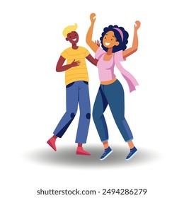 A guy and a girl are dancing in delight with their hands in the air. Simple vector illustration of people in cartoon style on a white background.