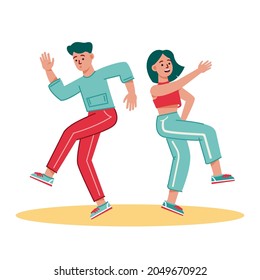 a guy and a girl are dancing having fun and waving their hands