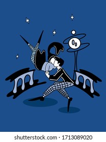 A guy and a girl dancing jazz under the starry sky. Vector illustration.
