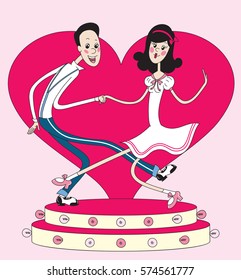 A guy and a girl dancing on stage with lights on background of red hearts
