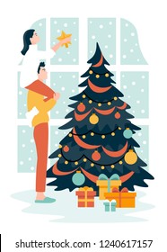 The guy and the girl decorate the Christmas tree. Woman sitting on a man's shoulders. New Year's interior. It is snowing outside the window. Vector flat illustration