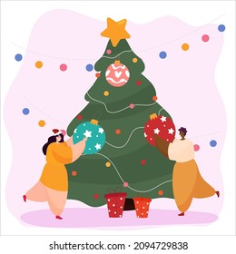 A guy and a girl decorate a Christmas tree for Christmas. Friends. Vector illustration