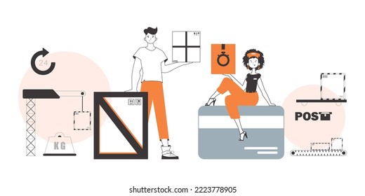 The guy and the girl delivers parcels and cargo. Linear modern style.