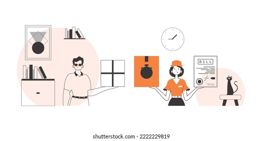 Guy and girl delivers parcels. Linear style.