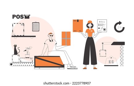 Guy and girl delivers parcels. Linear modern style.