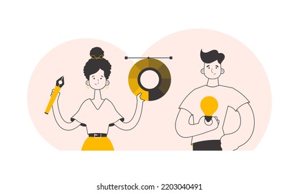 Guy and girl designers. Linear style. Vector.