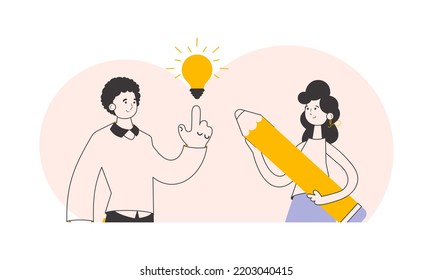 Guy and girl designers. Trendy linear style. Vector.