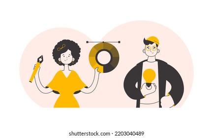 Guy and girl designers. Trendy linear style. Vector illustration.