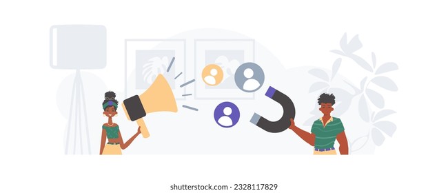 The guy and the girl are the Digital Marketing Team. Trendy style, Vector Illustration