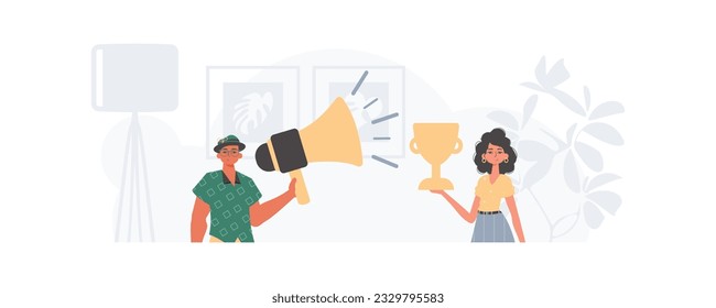 The guy and the girl are the Digital Marketing Team. Trendy style, Vector Illustration