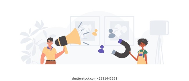 The guy and the girl are the Digital Marketing Team. Trendy style, Vector Illustration