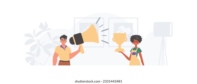 The guy and the girl are the Digital Marketing Team. Trendy style, Vector Illustration