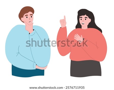 A guy and a girl are discussing a problem, talking. Young people communicate, learn from each other, think about it. Vector flat graphics.