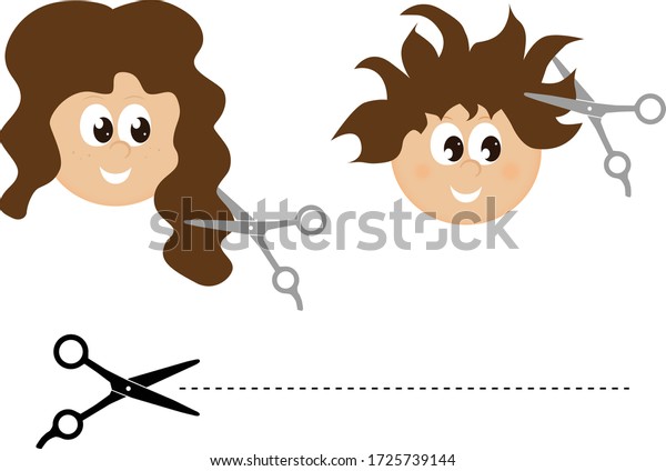 A guy and a girl do a haircut, with their\
hair long and messy. Black scissors\
icon.
