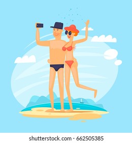 Guy and girl do sel-fie on the beach. Journey. Flat vector illustration in cartoon style.