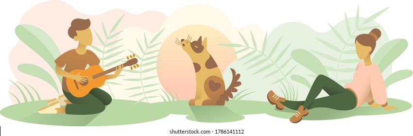 A guy and a girl with a dog are relaxing in the park, they sit on the grass in the sunset, a boy plays guitar, dog howls. Friends sing in the park. Minimalistic flat illustration.