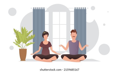 The guy and the girl are doing yoga in the lotus position in the room. Meditation. Cartoon style. Vector illustration