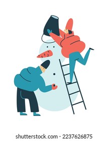 A guy and a girl in down jackets sculpt and decorate a snowman. The character, standing on the stairs, puts a bucket on the snowman's head. Flat illustration for printing postcards, posters.